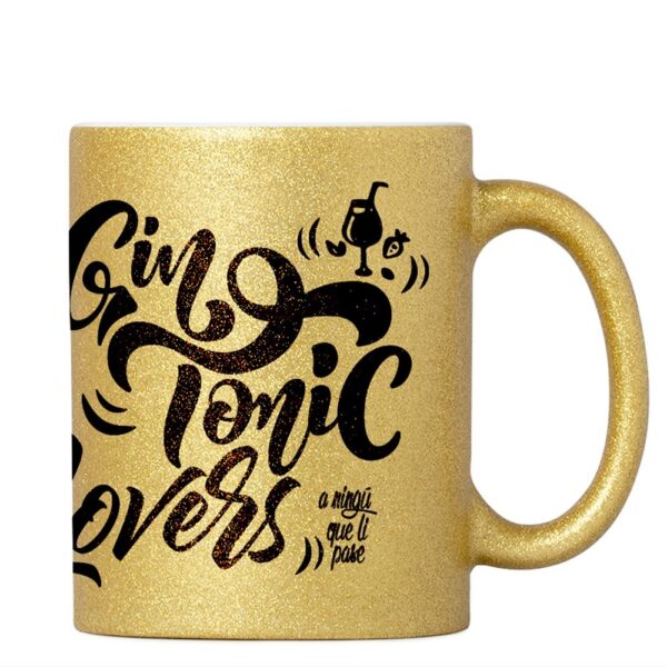 Imagen taza purpurina dorada con frase en negro